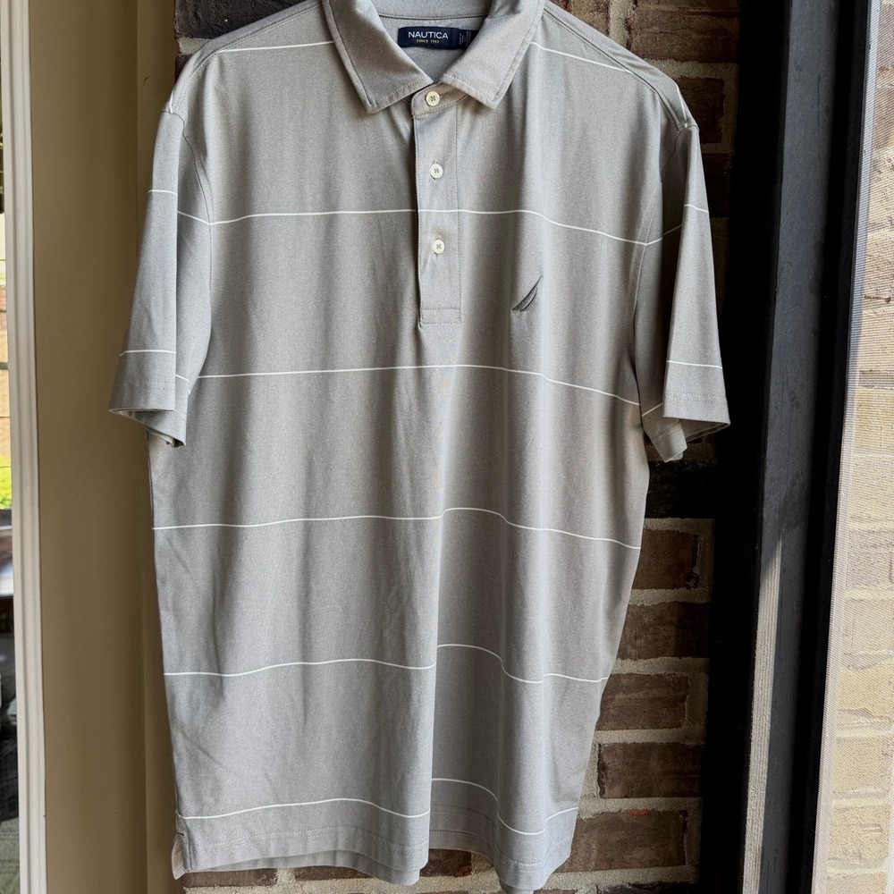 Nautica Mens Gray Striped Short Sleeve Performance Polo Shirt Size M Medium